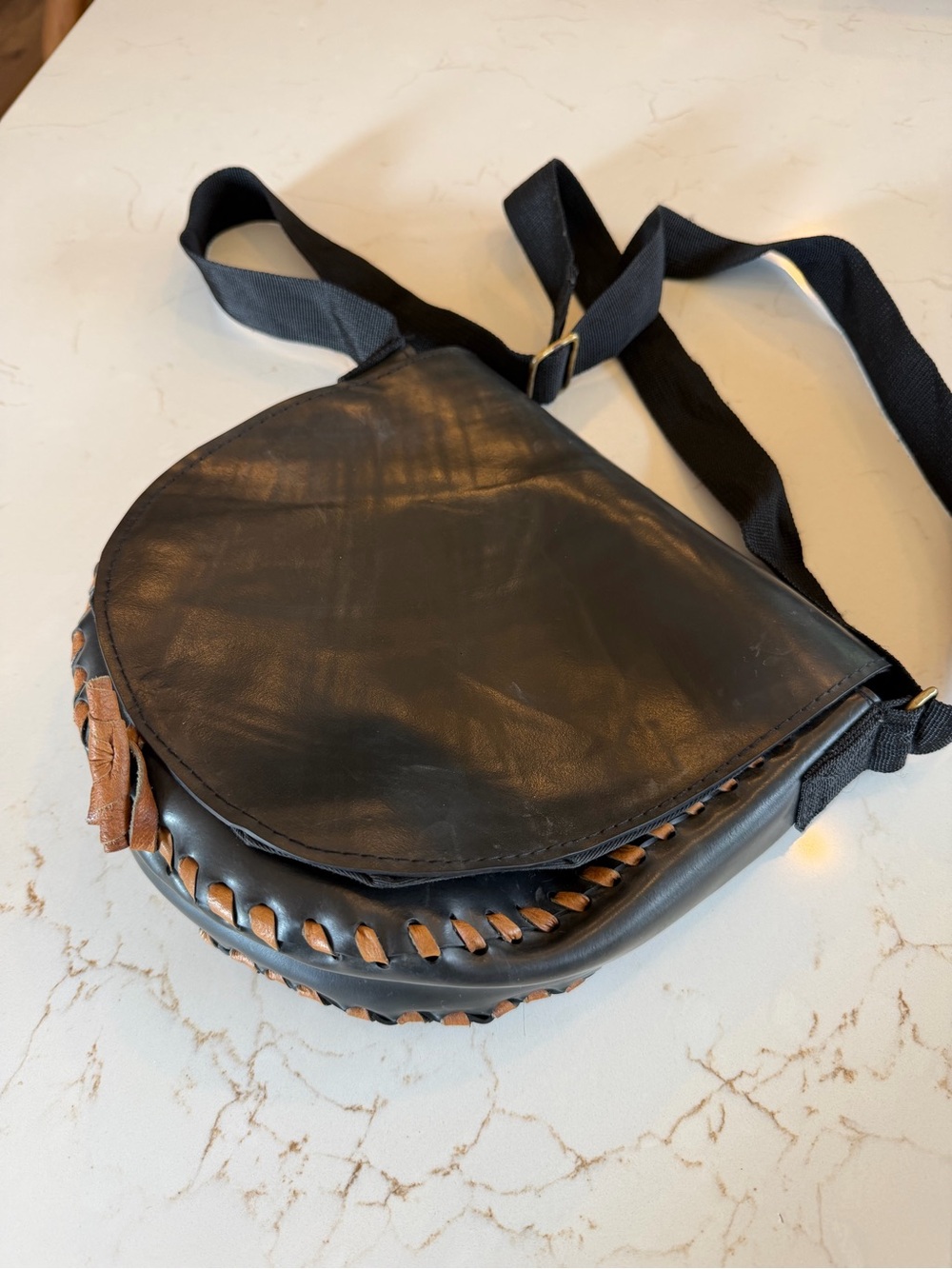 Black Leather Hand Tooled Crossbody Bag with Brown Whipstitch Detail Nepal